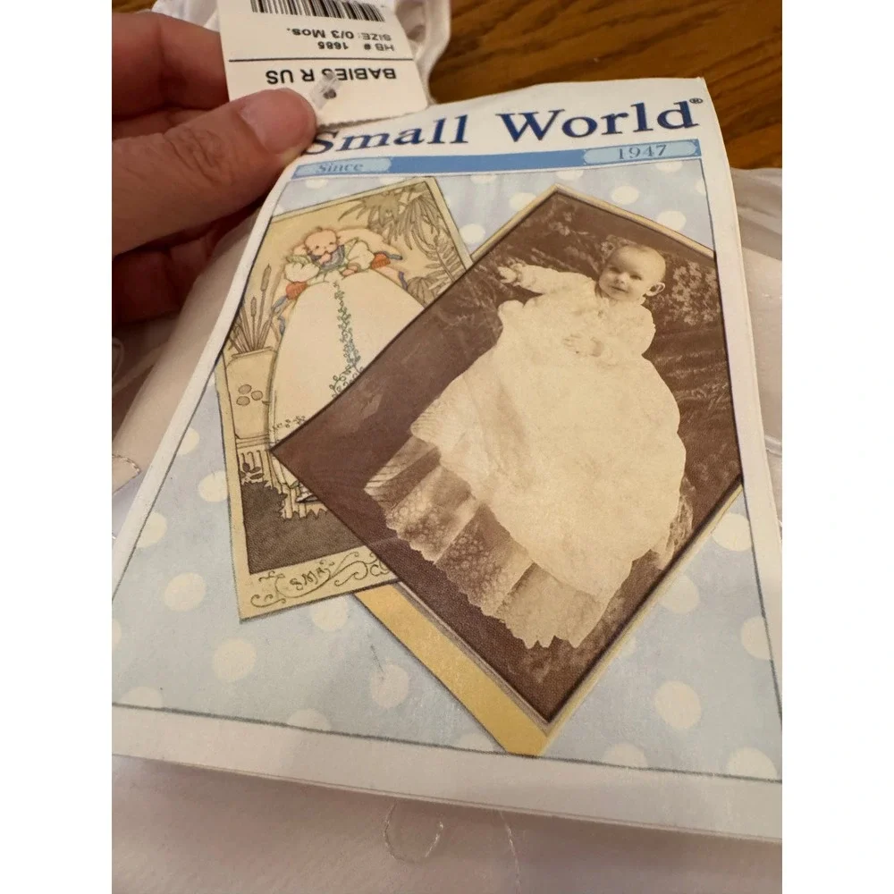 NWT Small World Christening Gown Baby 0-3 Mos White Embroidered Lace Bonnet Set